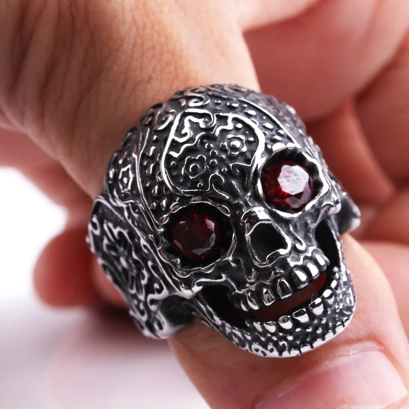 Men's Vintage Flower Skull Ring - Stainless Steel Gothic Statement Band, Sizes 8-13
