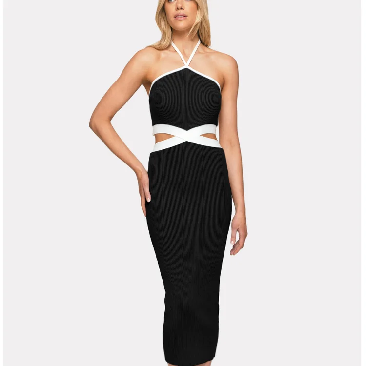 F-1418 Fashion Trend Suspender Knit Skirts Women Waist Exposed Sleeveless  One-piece Dress Women Summer Dresses Maxi