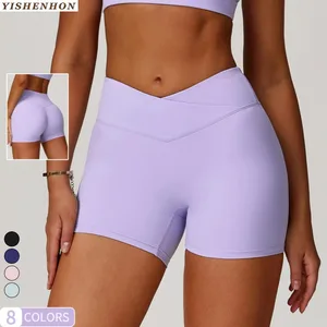 YISHENHON Wholesale Cross High-waisted Yoga Shorts Peach Tight-fitting Hip Lift Sports Shorts Women Running Wear Fitness Pants
