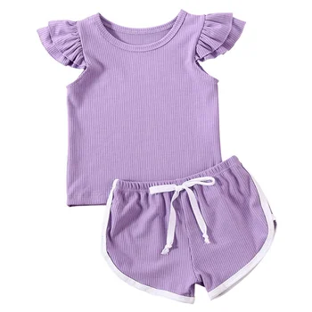 Boutique hot selling kids clothes 2020 new style flutter sleeve baby clothes set simpleness infant outfit