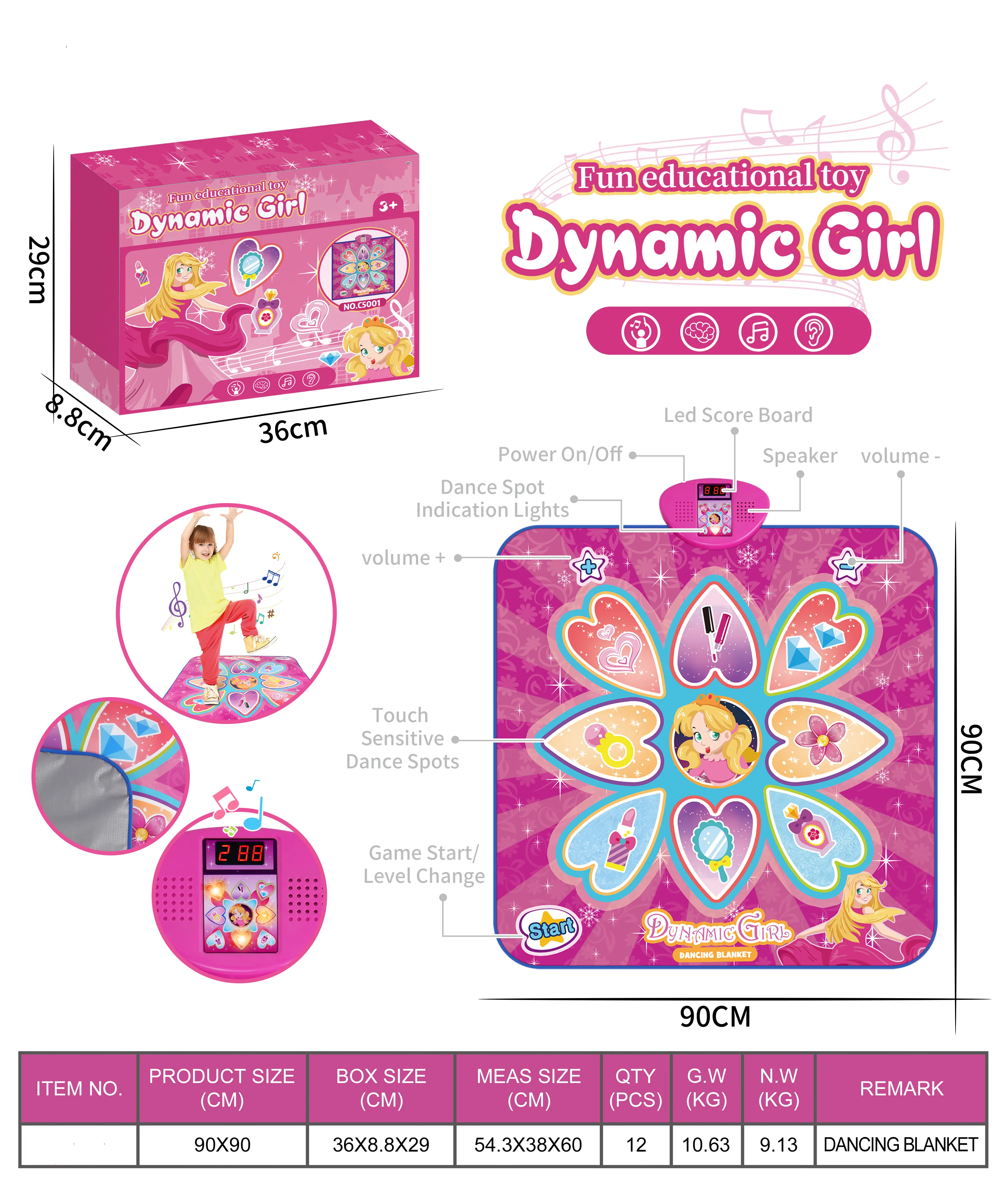 Детский танцевальный коврик игрушки От 3 до 15 лет для девочек 3 игровых режимов, включая 3 уровней вызова регулируемой громкостью