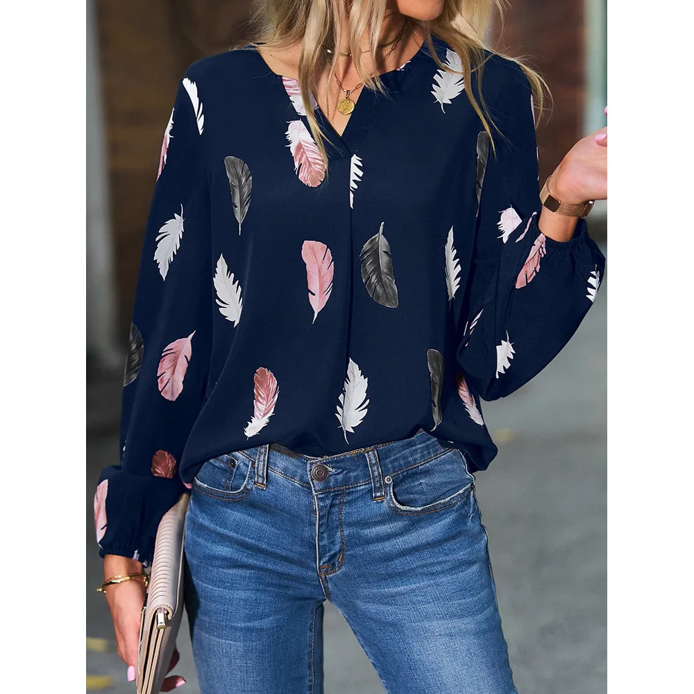 Shop Spring/summer V-Neck Feather Print Bat Sleeve T-shirts