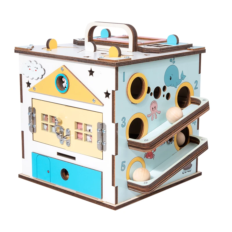 Multifunktionales sensorisches Spielzeug für die Früherziehung von Kindern, Busy Box, hölzernes Montessori-Busy Board für Kinder