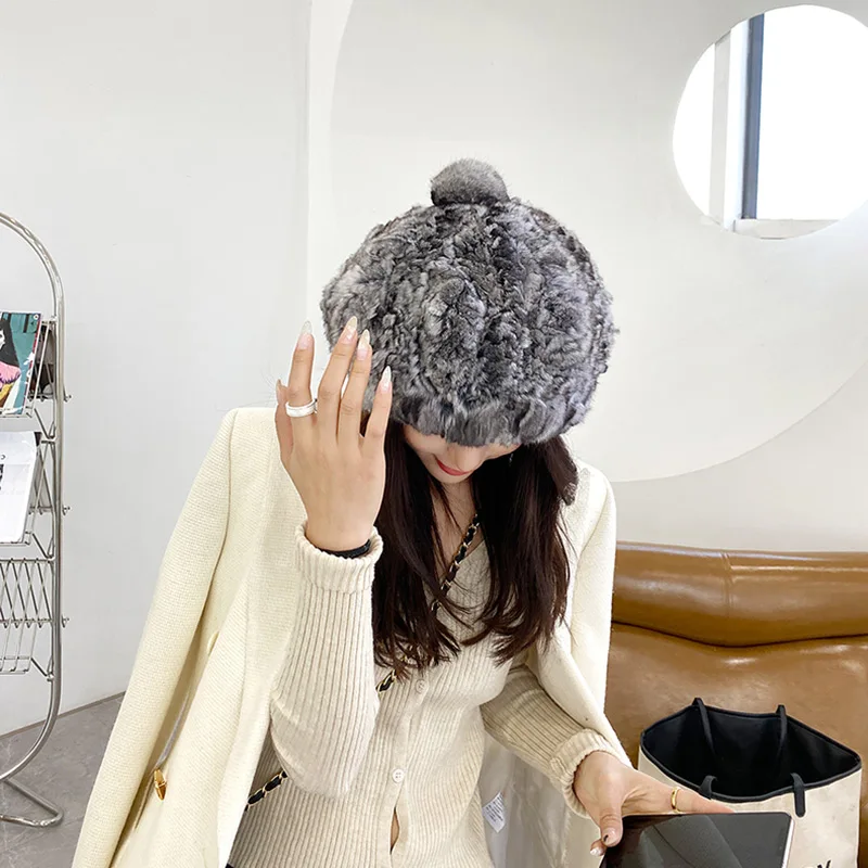 Warm Winter Hats Knitted Chinchilla Fur Berets for Women