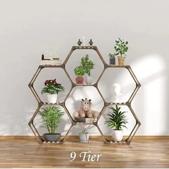 Hexagon Plant Shelf - 9-Grid Wooden Flower Rack for Indoor & Outdoor Plants, Succulents & Herb Garden, Natural Home Decor