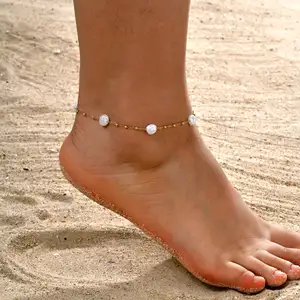 New Fashion 18k Gold Plated Stainless Steel Anklet Beaded Pearl Chain Anklet Bracelets for Women