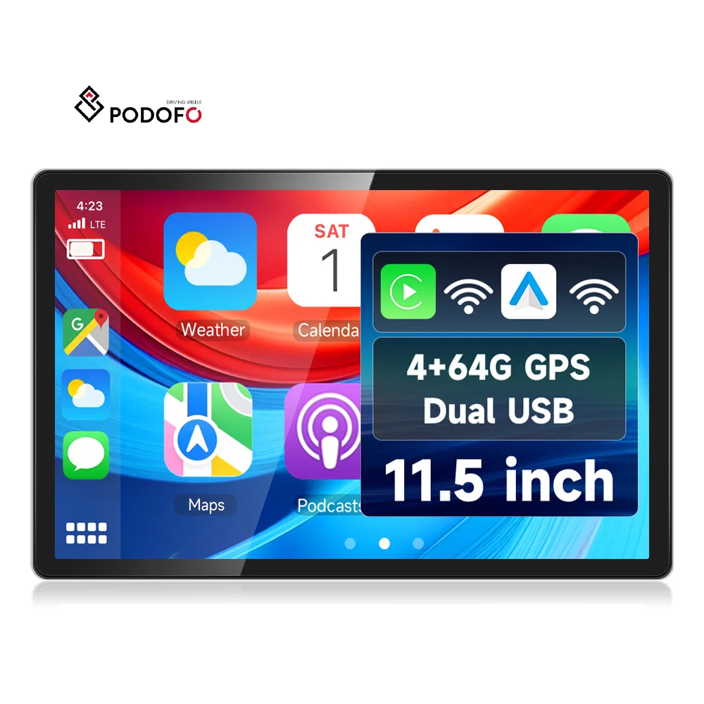 Podofo 11.5'' 4+64G Android Car Radio Wireless CarPlay Android Auto 4G LTE GPS/WiFi/USB Icell Touch Screen Car Stereo Wholesale A4561