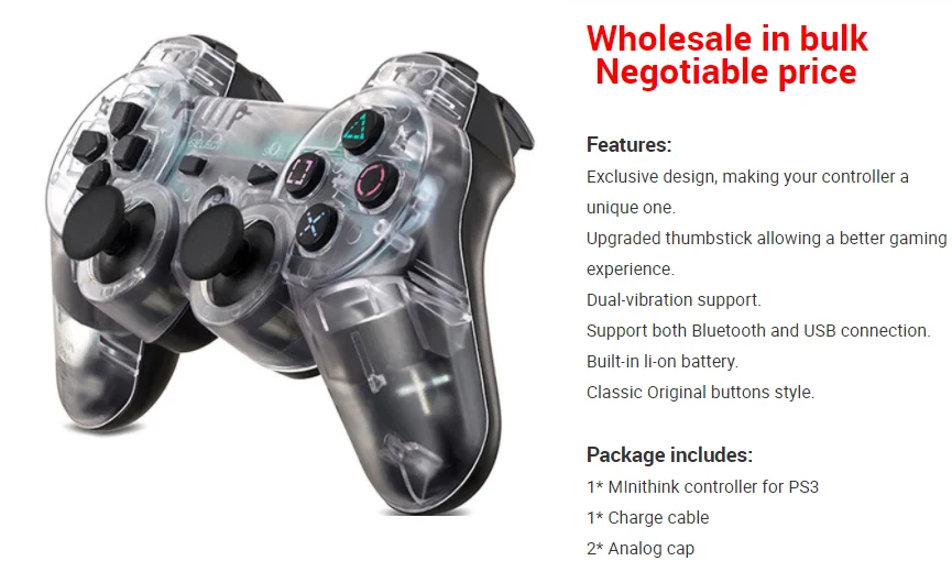 Minithink New Style Wireless BT Gamepad Joysticks Vibration Game  Controllers for Sony Playstation PS3 Slim Controller