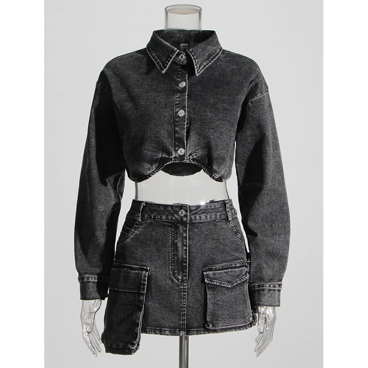 High Quality Women's Denim Jacket Outfits Stretch Cotton Crop Jacket Shorts Solid Knee Long Matching Two Piece Jeans Skirt Set