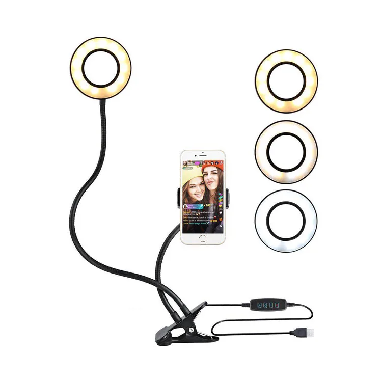 Desk Clip 24 LEDs 3 Color Modes Selfie Ring Light With Phone Holder  for Live Stream, Make Up, Lamp, Video