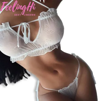 FEELINGHI young girl matching underwear 2 pcs white lace transparent wireless bra and panty set sexy lingerie for girl