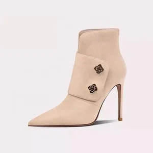 Large Size 45 Retro Metal Ornaments Women Pointy Toe Ankle Boots Wide Fit High Heels Shoes Short Booty Dress Pumps