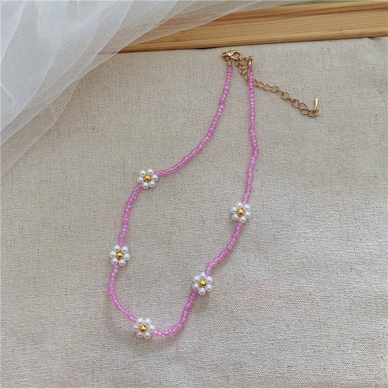 Women Beaded Necklace Daisy Acrylic Flower Boho Clavicle Korean Colorful  Jewelry