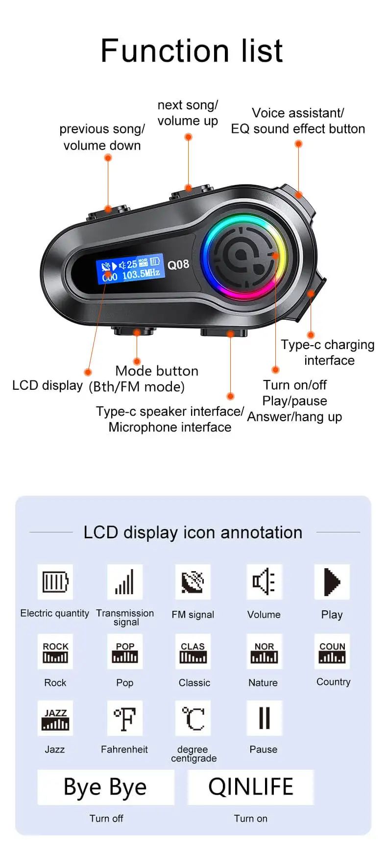 Q08 Noise Cancelling Stereo Helmet Wireless Headphones Riders Communication Earphones for Bike Ski Motorcycle Helmet