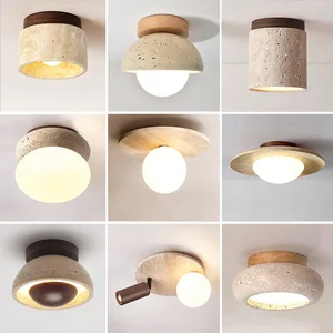JACKSUN Yellow Cave Stone Light Round Wooden Cream Modern LED Home Office Ceiling Light Entrance Balcony Corridor Light