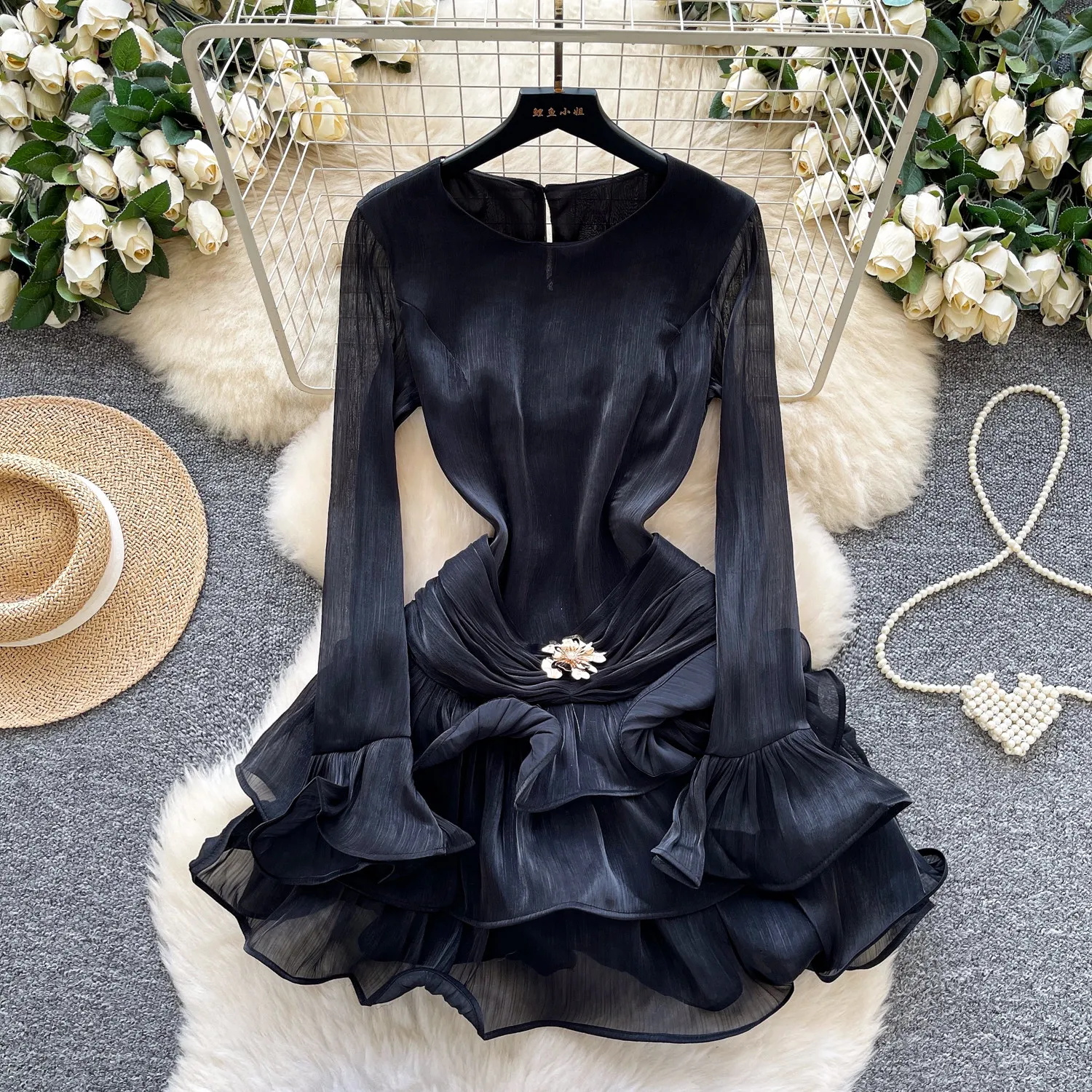 sheer hollow out dress Elegant Sheer Hollow Out Dress Women Long Sleeve Ruffle Waist Slim Fit A  Line Office Wear Formal Evening Gown Chic Design| Alibaba.com