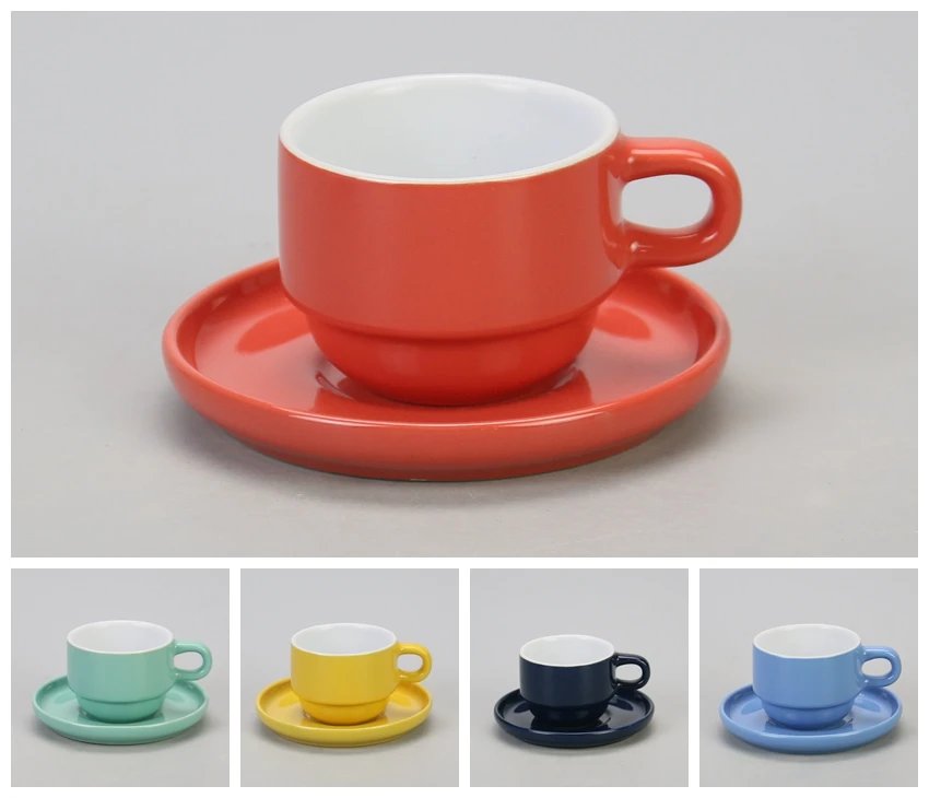 Custom Logo Ceramic Coffee Cup Set Print Porcelain Stackable Espresso Cups with Saucers and Metal Stand