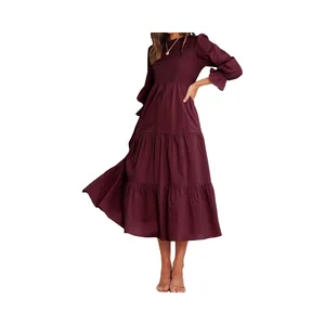 Women's Casual Long Sleeve Maxi Dress with Floral Tiered Front Crew Neck Flowy Chiffon Bohemian Relaxed Fit Natural Color