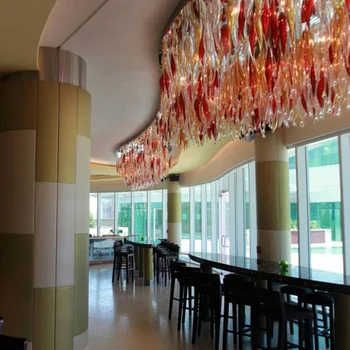 Modern hotel long curve glass pendant lighting multi-color glass chandelier decoration project customized chandelier