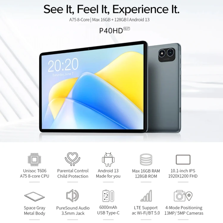 Teclast P40HD Tablet - 10.1 Inch, 8GB+128GB, Android 13