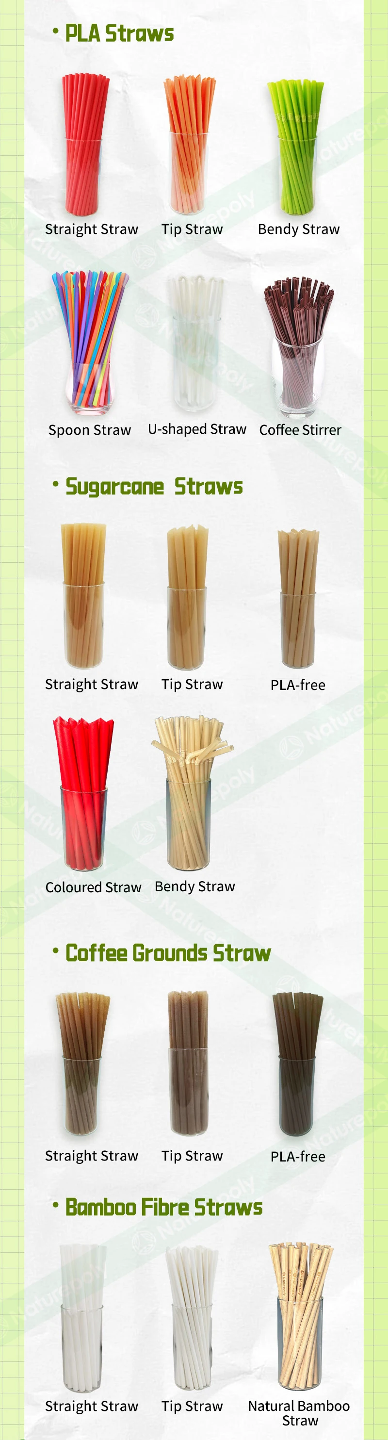 Naturepoly 6mm 8mm 12mm Compostable Sugar Cane Straws Sugarcane Bagasse ...