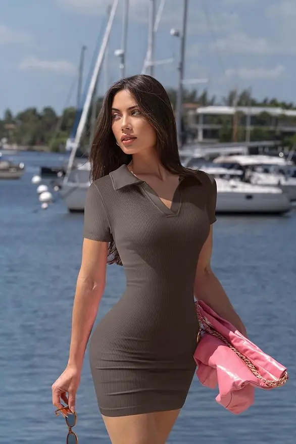 cute casual tight dresses Shop Women's Casual Bodycon Mini Dress with Vintage Ribbed Sleeves