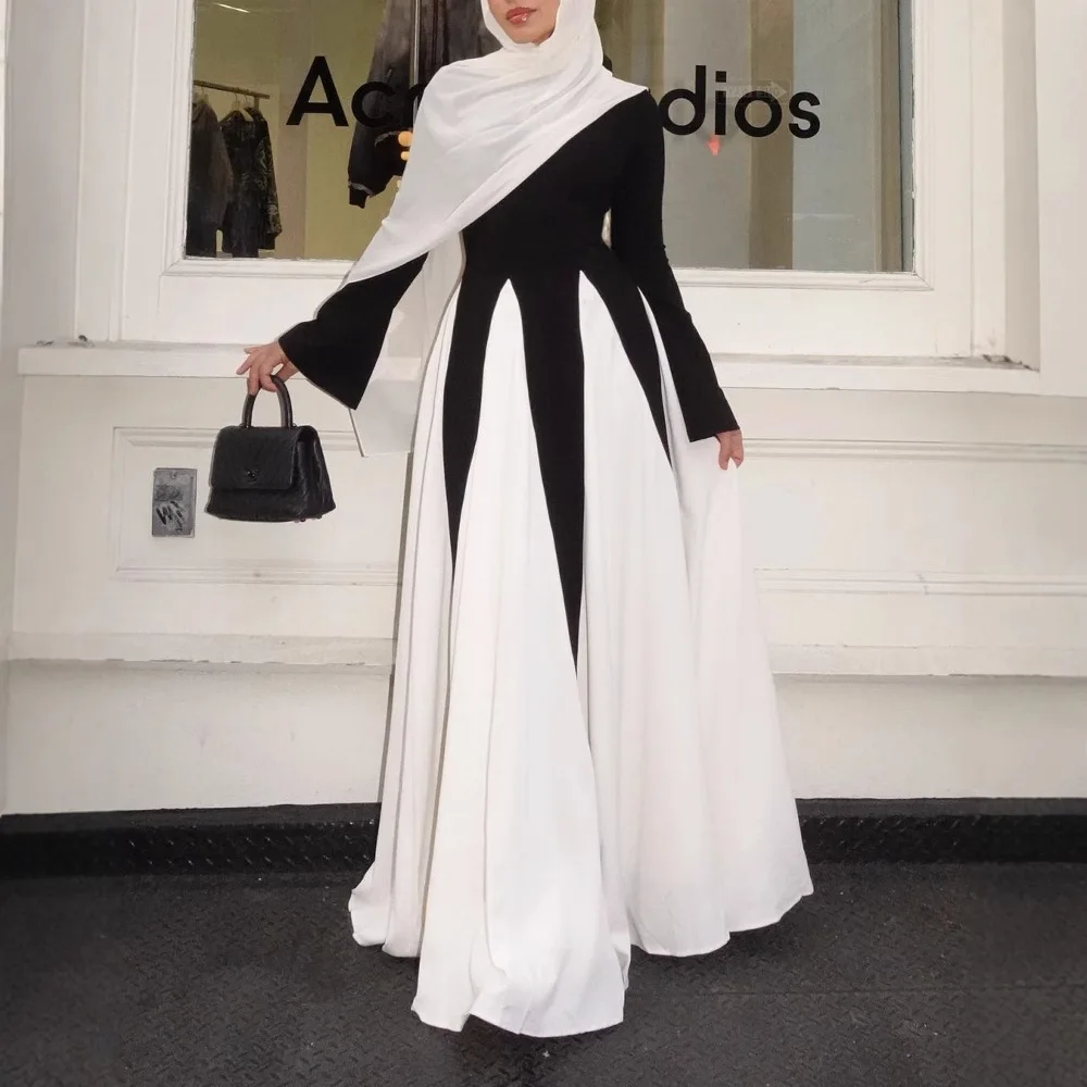 X517 New Collection Breathable Polyester Maxi Dress for Women Patchwork  Colorblock Abaya Long Sleeves Modest for Summer Fits Eid