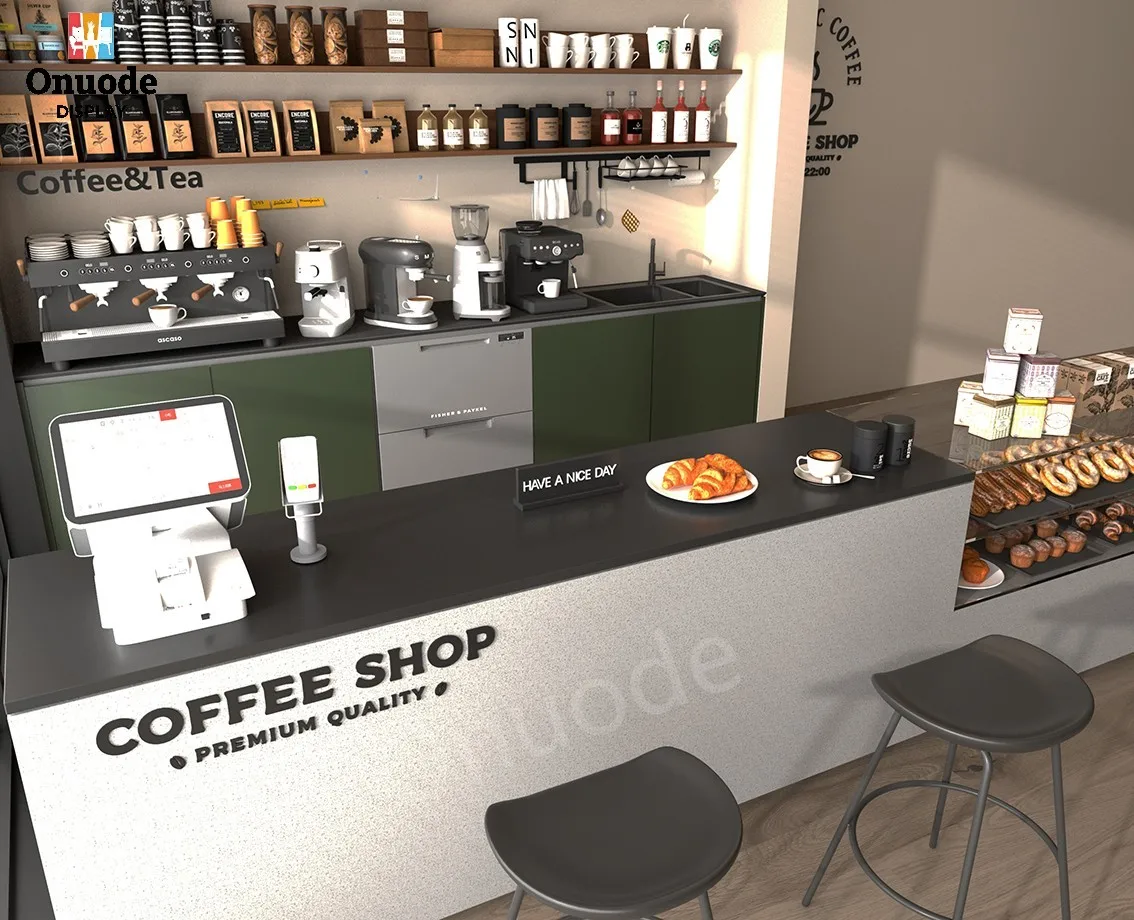 Customizable LED Lighting Coffee Shop Display Cabinets with Elegant Coffee Bar Counter Design and Cake Showcase