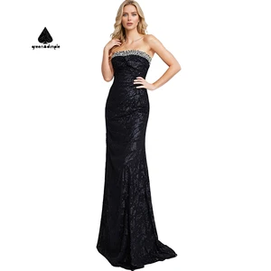 Women Black Strapless Sequin Evening Gown Beaded Sweep Train Sparkly Elegant Formal Events Galas Prom Parties Dress