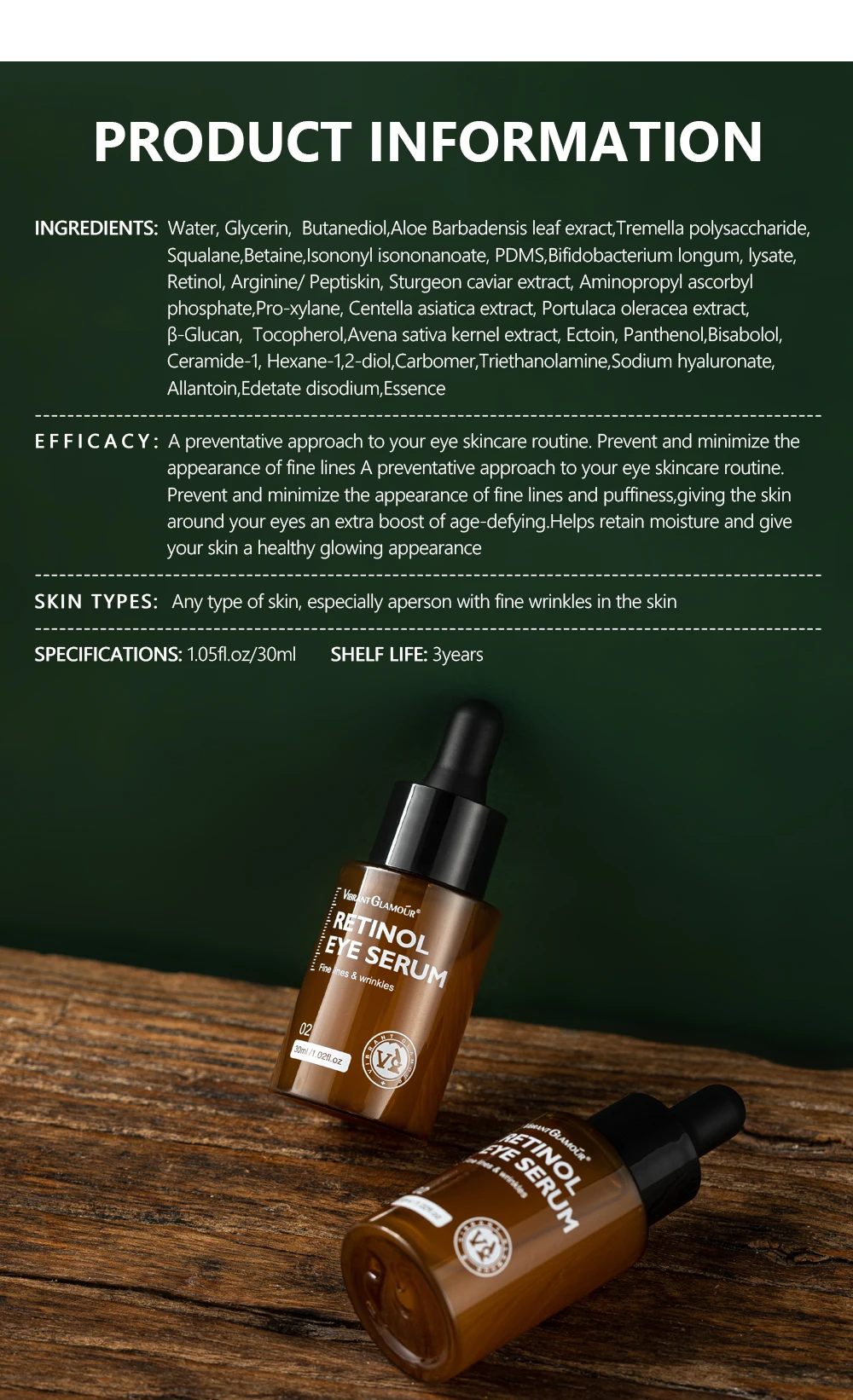 VIBRANT GLAMOUR Retinol Augenserum Feuchtigkeitsspendend Reduziert Feine Linien 30ML 10 STÜCK – Detail 12