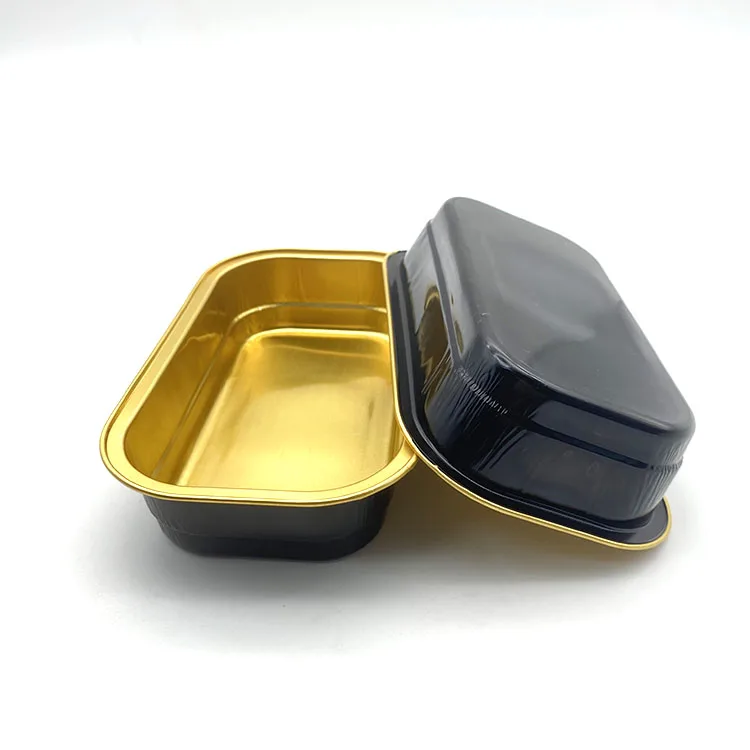 product c300 durable packaging microwave 300ml oblong black  gold foil pan take out aluminum foil container with clear dome lid-3