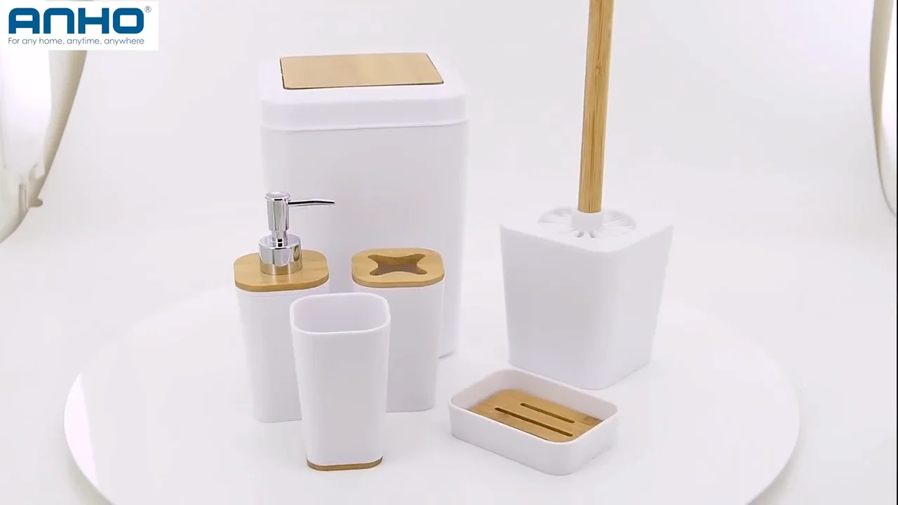 Modern Set Of 7 White Elegant Bamboo Collection Bathroom Accessories