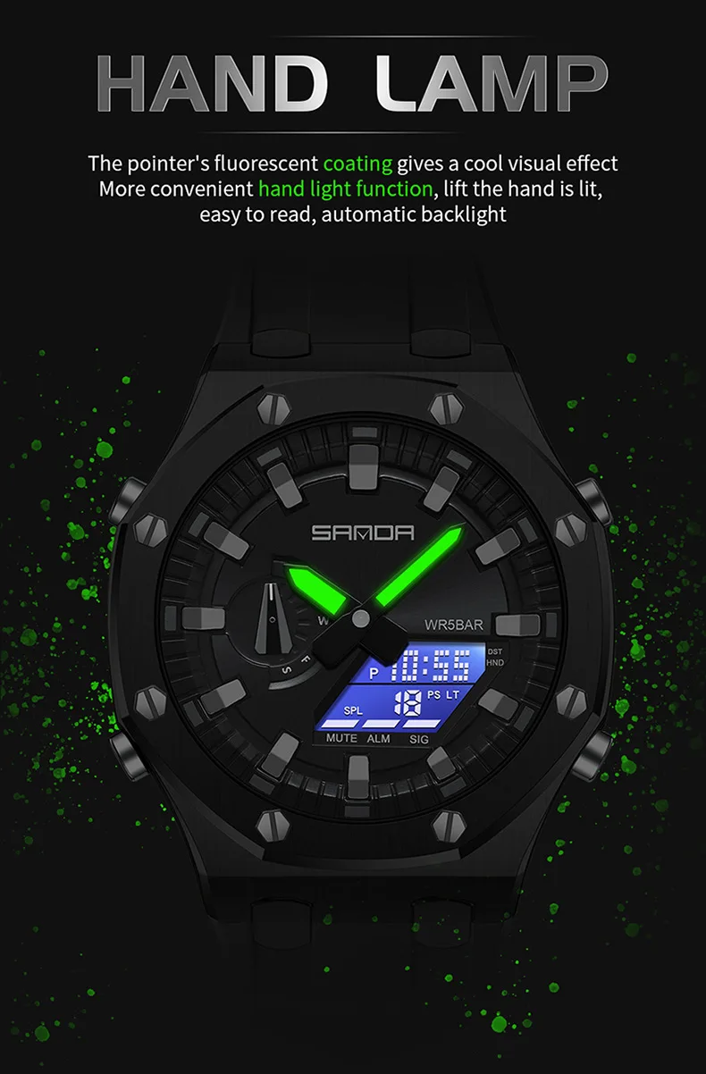 Sanda 3309 Men's Business Fashion Luxury Style Trend Outdoor Digital Watches Luminous Alarm Clock Waterproof Shockproof Watch