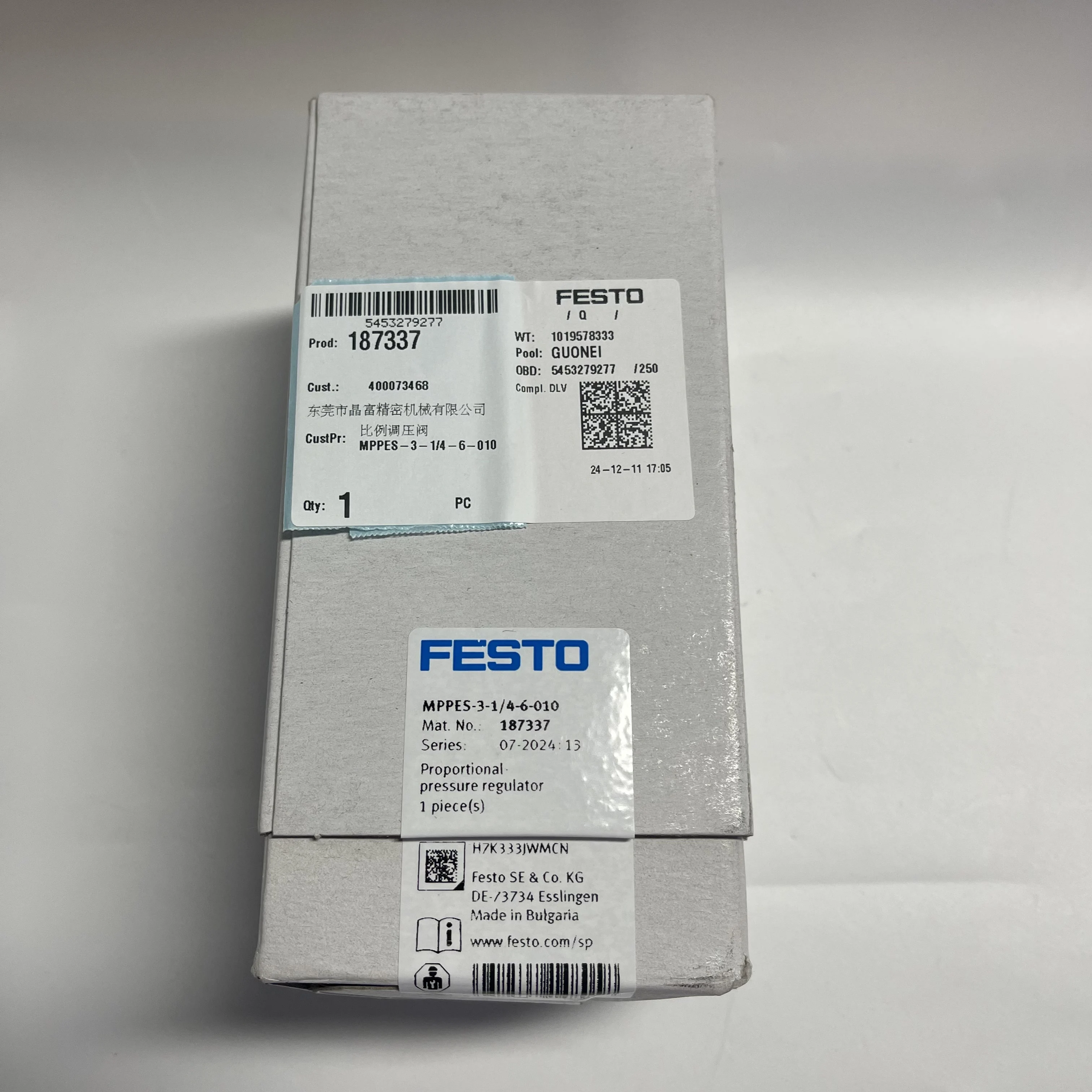 Festo Proportional Pressure Regulator MPPES-3-1/4-6-010 187337 Festo Proportional Pressure Regulator MPPES-3-1/4-6-010 187337