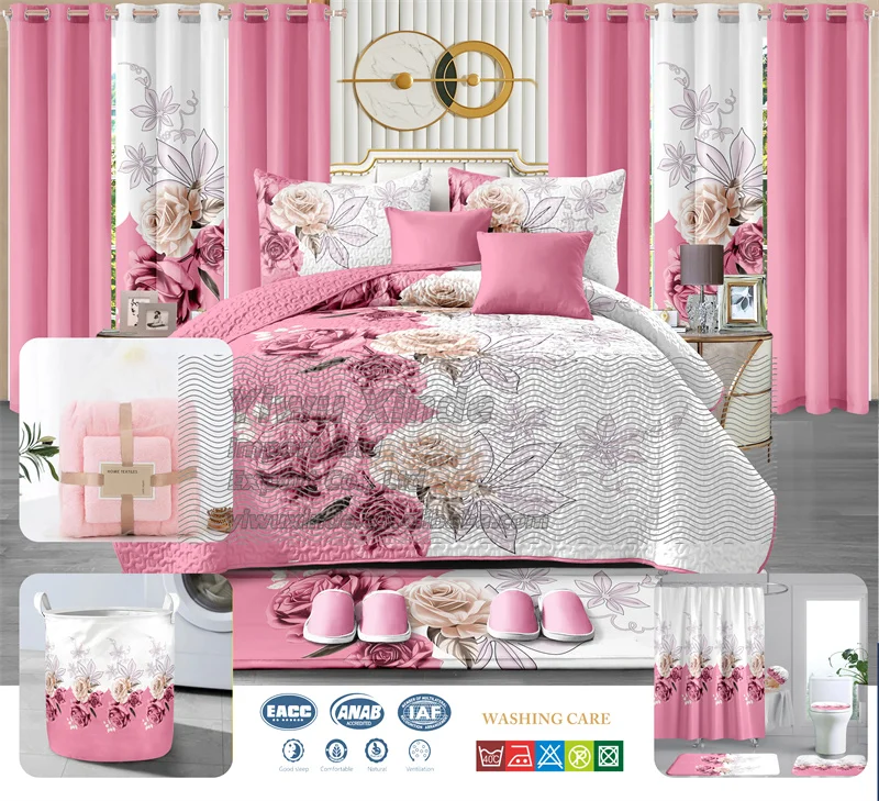 American Model Red Color Bedding Set Luxury 24 Pieces Bed Sheet Bedding Set with Curtains king Size 24 Pcs Quilted Bedspread