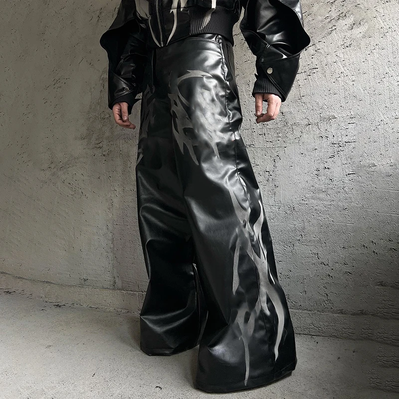 Salati Custom Manufacturer Designer High Waisted Casual Pants Baggy Stretchy Wide Leg Y2K Black Flared Pu Leather Pants for Men gallery 2