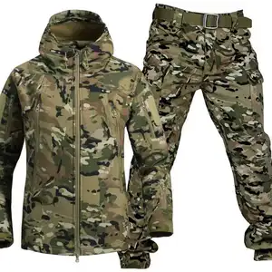 Wholesale Outdoor Unisex Camouflage Sharkskin Softshell Jacket Set Long Breathable Zipper Fleece-lined Jacket