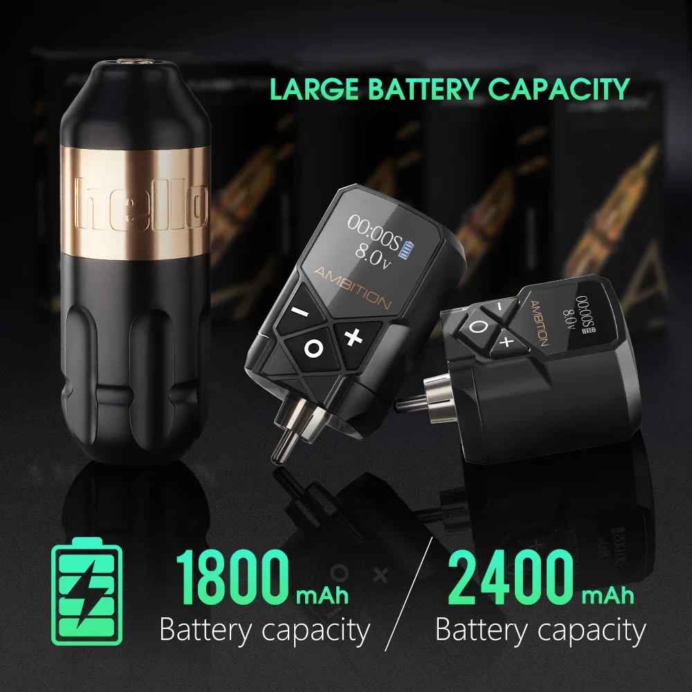 Ambition Hello Powerful Motor Professional Short Rotary Tattoo Pen Machine Kit with 2400mAh Kuark RCA Battery for Body Art