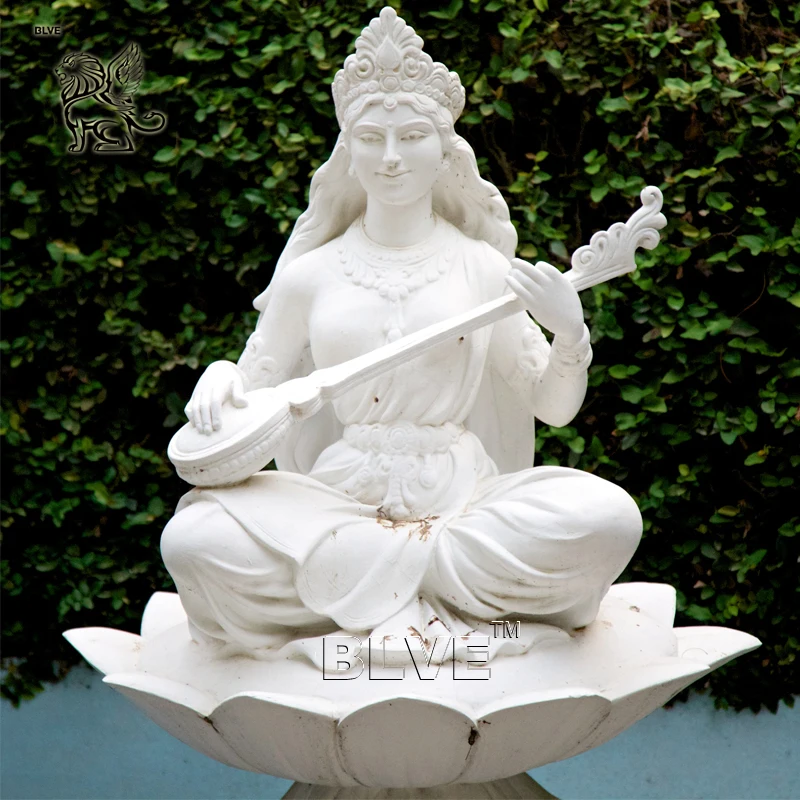 BLVE Outdoor Garden Handcarved Hindu Goddess Sitting Lotus White Marble Saraswati Statue for India