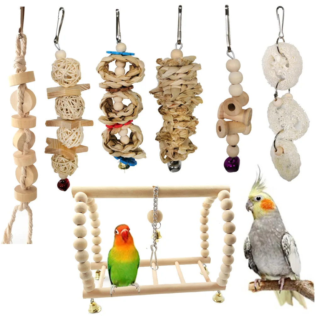 Love Birds Qzc Bird Swing Toy 7pcs Bird Parrot Toys Bird Hanging Bell Toy Hammock Toy Colorful Hammock for Small Conures Small Parakeets Cockatiels Macaws 