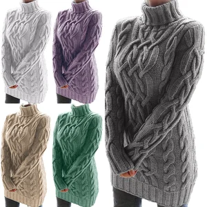 Women's Vintage Elegant Cable Knit Sweater Dress Autumn Winter Crew Neck Mini Dresses Long Sleeve Slim Fit Breathable Polyester
