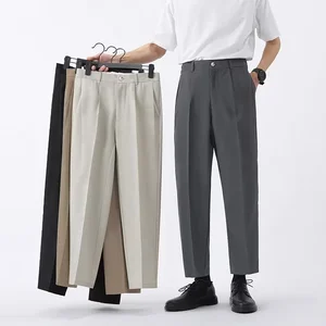 Men's Summer Cropped Draping Suit Pants Slim Fit Breathable Ankletied Casual Straight Flat Front Waist Midweight Zipper Fly