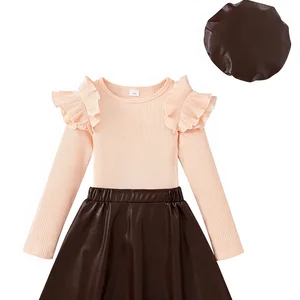 Girls Teen Clothes Fall Winter Outfits Long Sleeve Ruffle Sleeve Top Pleated Plaid Mini Skirt Set Size 7-14Y China