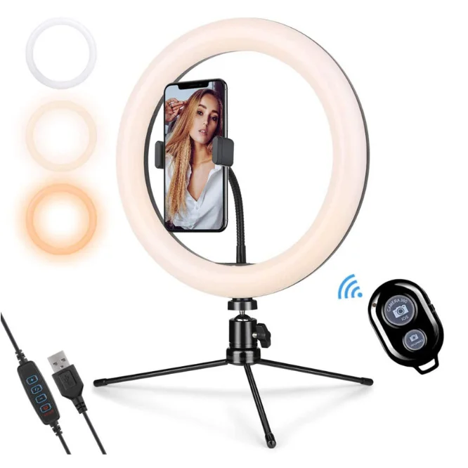 Lighting Mode Dimmable Remote Control Rechargeable LED Selfie Ring Light New 10'' Inch 3 Colors Bi-color 3200K-5600K RECH ROHS