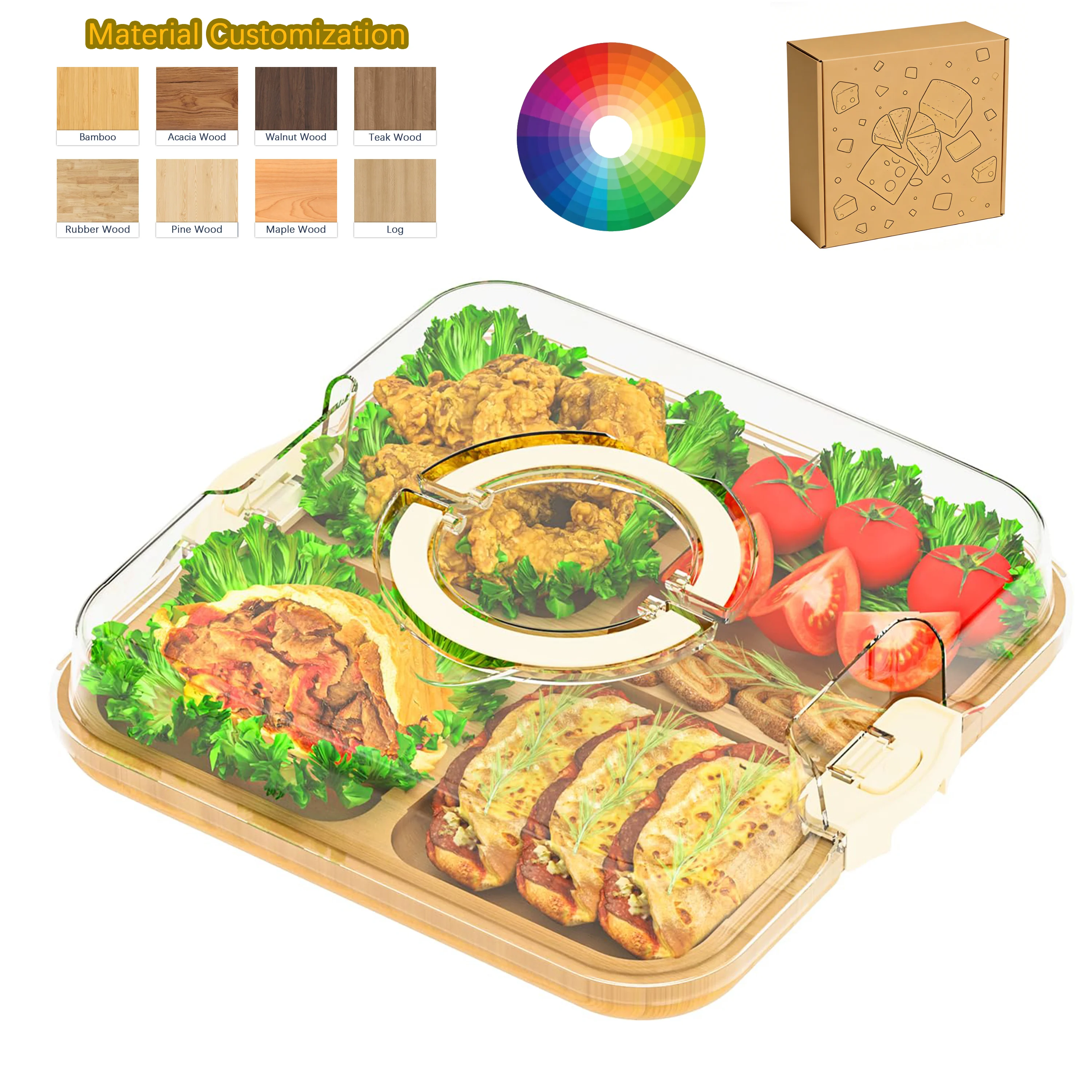 ZC Customized Serving Tray  Compartments Container Platter Kitchen Cheese Board with Clear Lid