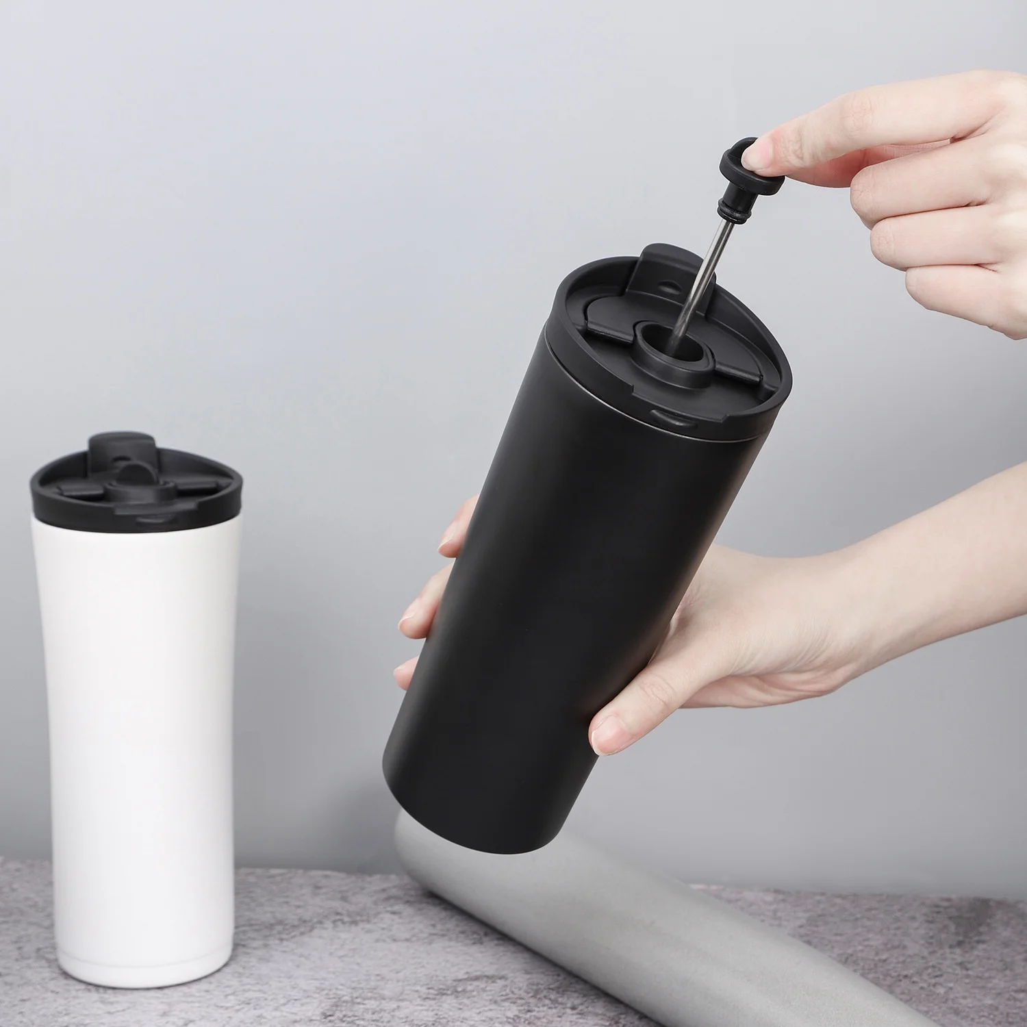 Creative 304 Stainless Steel Vacuum Insulated Mug Modern Simple Design Anti-Fall French Press Cup for Office Use Coffee Kettle