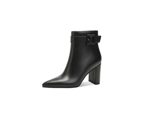 Women's Mid-Calf Block Heel PU Ankle Boots with Buckle Strap Pointed Toe Booties