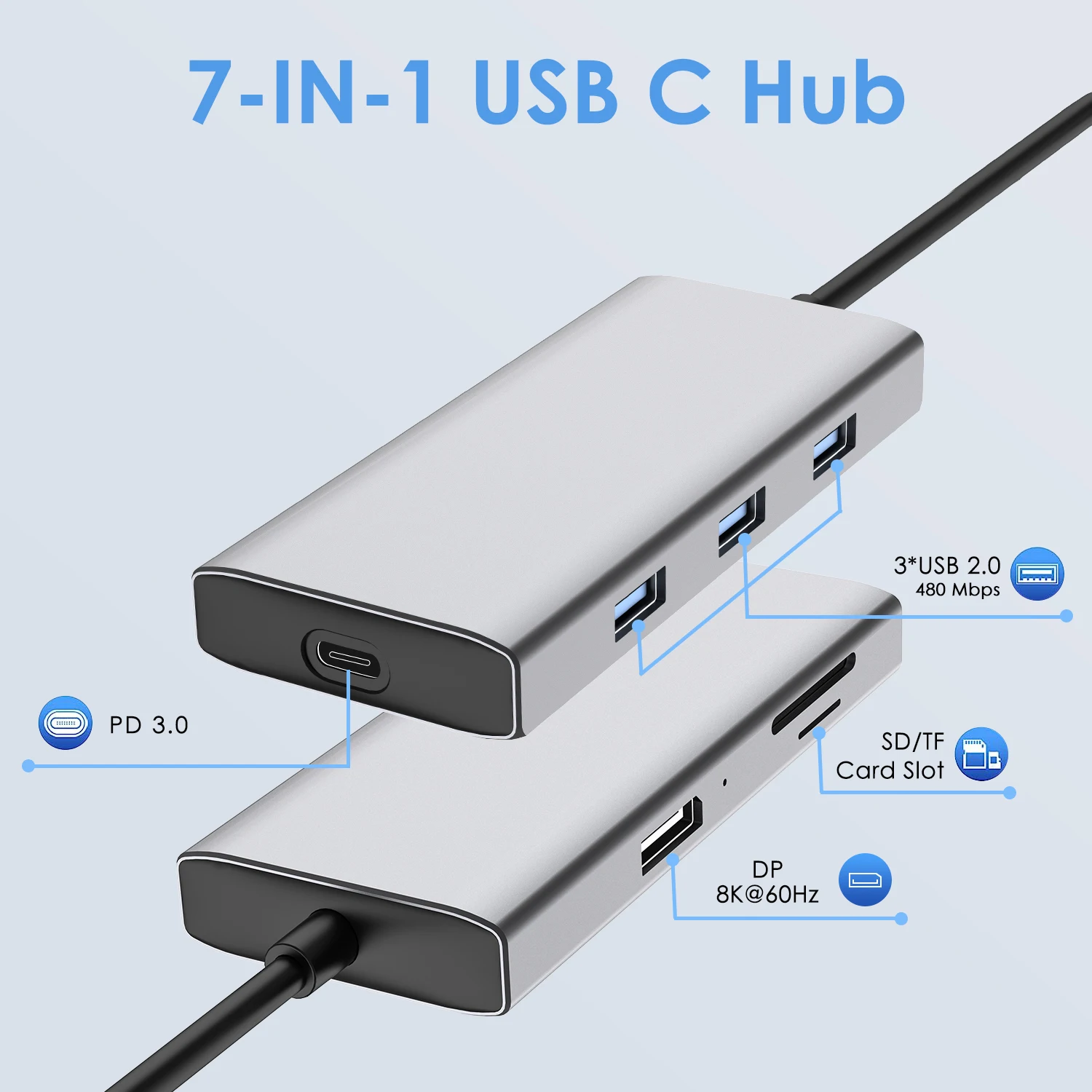 Portable 7 ports USB C Hubs Docking Station Type C TO DP 8K60Hz PD SD TF 3 USB ports card reader For Laptop Computer