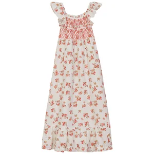 Custom Girls Floral Print Linen/Cotton Woven Jumper Smocked Embroidery Front Back Ruffled Straps Summer Maxi Dress Eco-Friendly