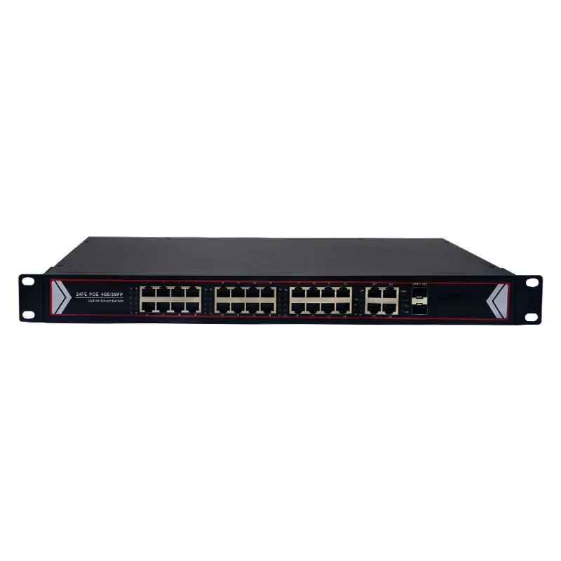 Interruptor PoE de 24 portas 10/100M com 4 links upstream Gigabit 2 slots SFP 48V 260W Rack 1U